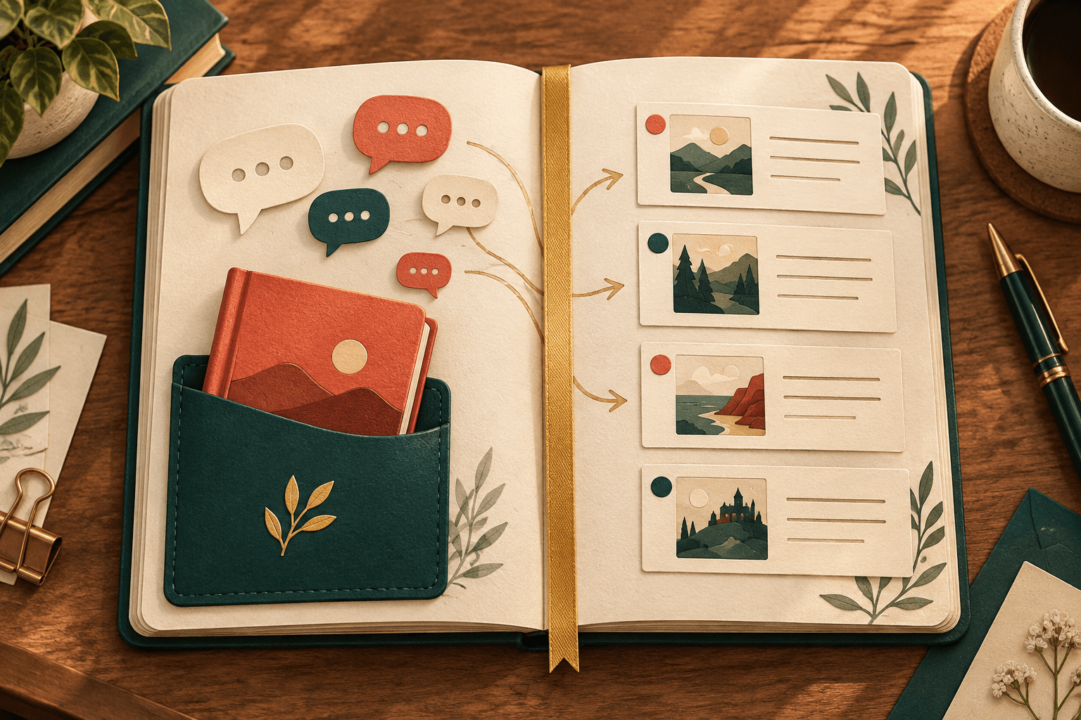 Illustration of an open notebook with stories and books tucked into its pages